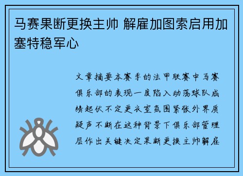 马赛果断更换主帅 解雇加图索启用加塞特稳军心